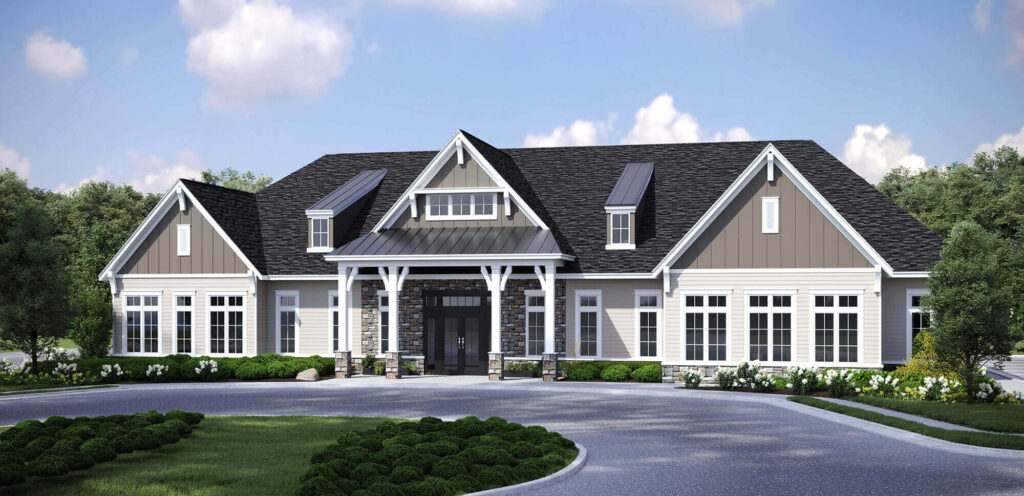 Render of the front of a community clubhouse