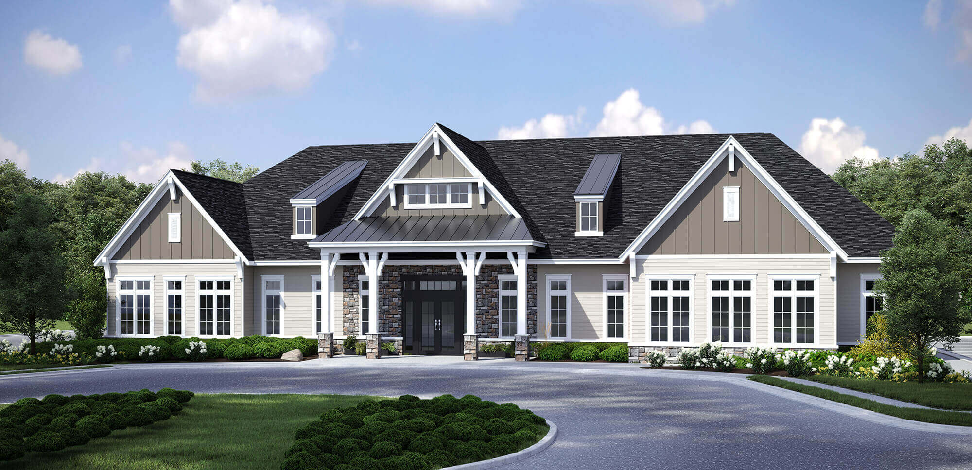 Render of the front of a community clubhouse