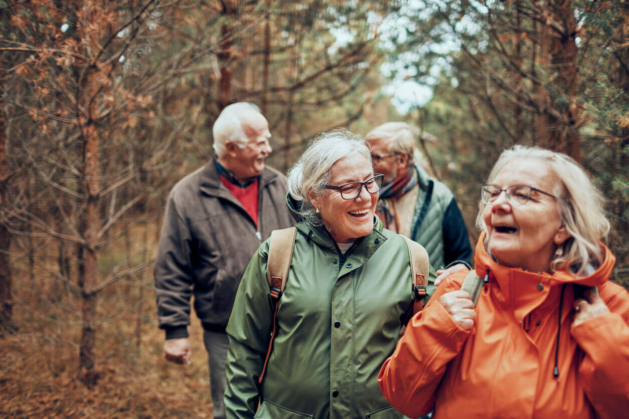 Four active adults walking through the woods