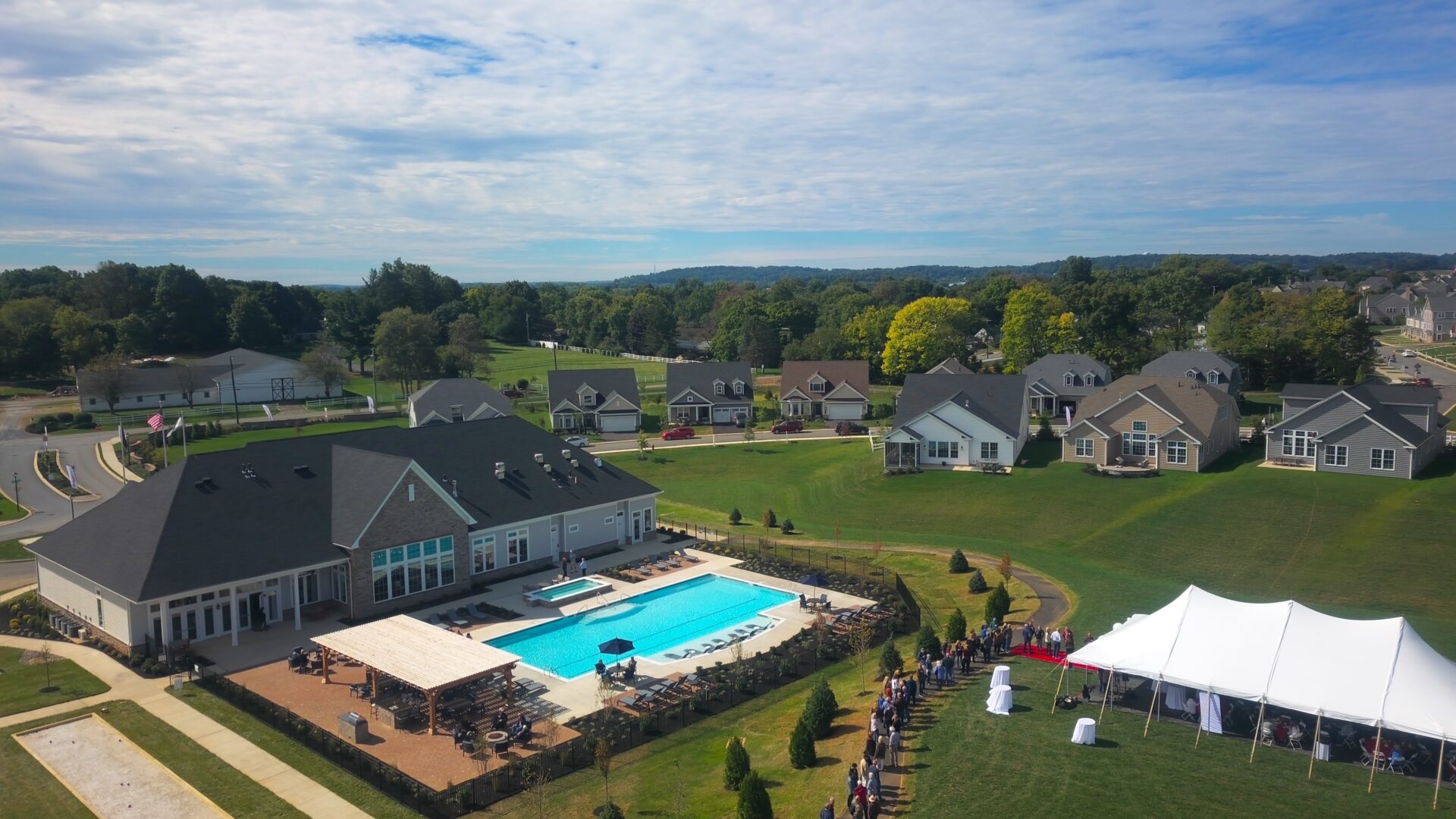 drone shot of the back of the east petersburg community clubhouse